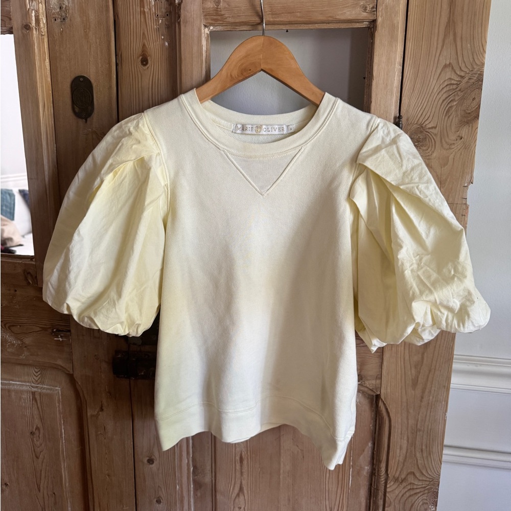 EUC Marie Oliver Butter Yellow Cotton Crew Neck Sweatshirt w/Poplin Sleeves